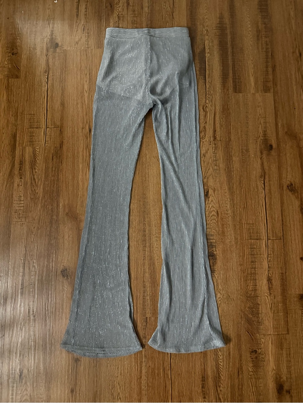 Silver Ribbed Metallic Flare Pants